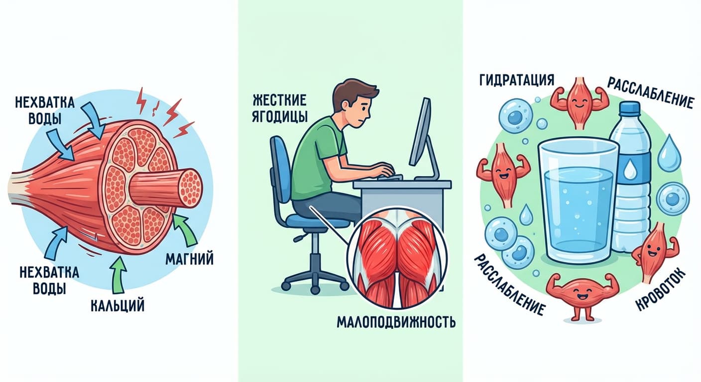 Почему сводит мышцы? Связь между водой, судорогами и жесткостью ягодиц